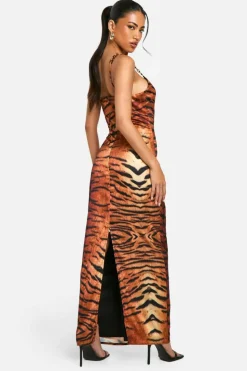 Cami Dresses*boohoo Satin Tiger Print Trim Strap Maxi Dress brown