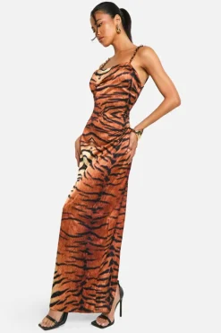 Cami Dresses*boohoo Satin Tiger Print Trim Strap Maxi Dress brown