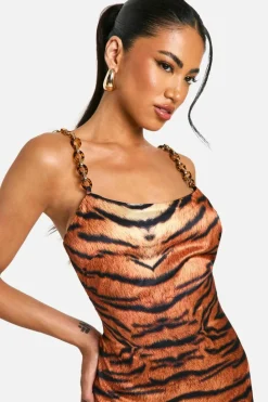 Cami Dresses*boohoo Satin Tiger Print Trim Strap Maxi Dress brown