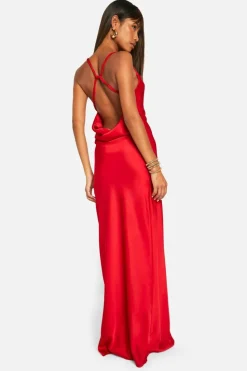Cami Dresses*boohoo Satin Twist Strap Detail Maxi Dress red
