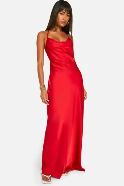 Cami Dresses*boohoo Satin Twist Strap Detail Maxi Dress red