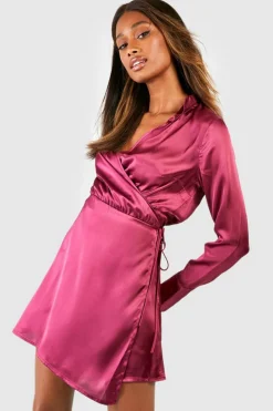 Shirt Dresses|Wrap Dresses*boohoo Satin Wrap Belted Shirt Dress mauve