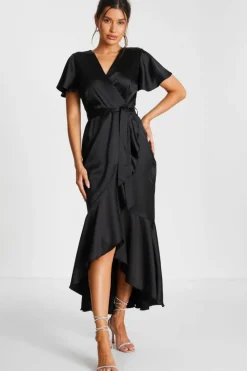 Wrap Dresses*Quiz Satin Wrap Maxi Dress Black
