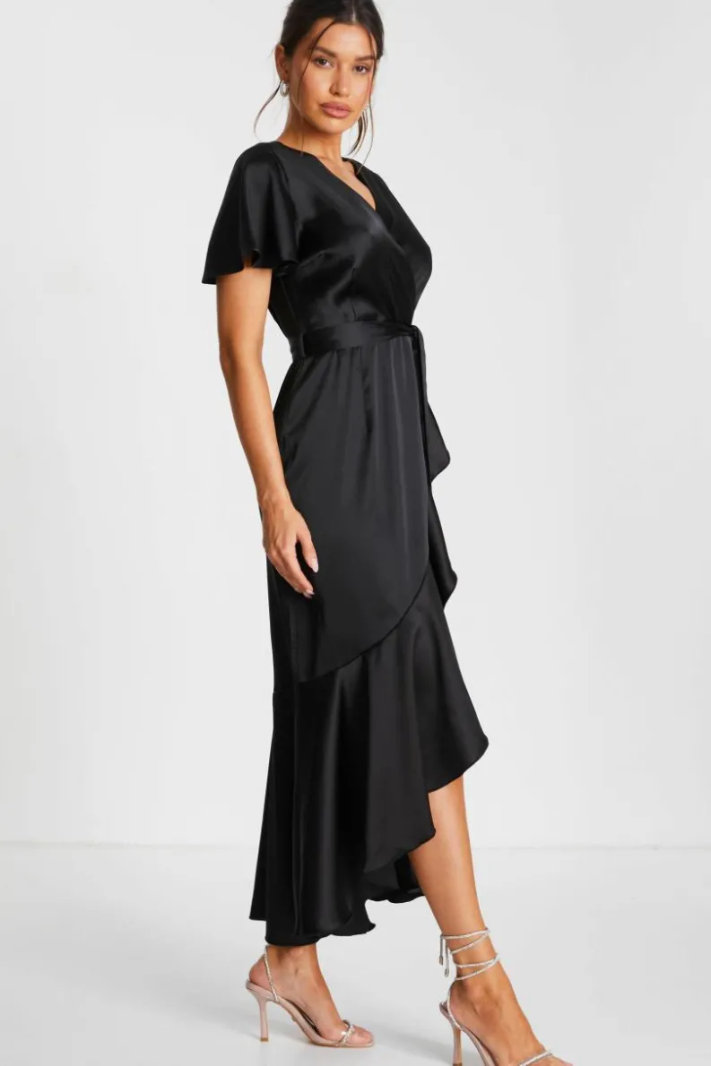 Wrap Dresses*Quiz Satin Wrap Maxi Dress Black