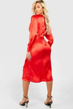 Wrap Dresses|Midi Dresses*boohoo Satin Wrap Midi Dress red