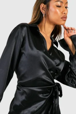 Shirt Dresses|Wrap Dresses*boohoo Satin Wrap Mini Shirt Dress black