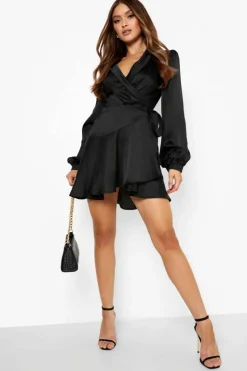 Wrap Dresses*boohoo Satin Wrap Mini Skater Dress black