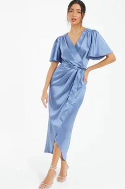 Wrap Dresses|Midi Dresses*Quiz Satin Wrap Ruched Midi Dress Blue