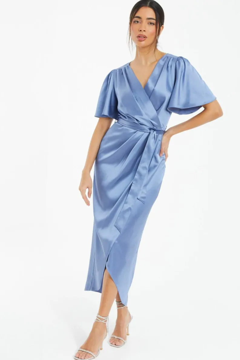 Wrap Dresses|Midi Dresses*Quiz Satin Wrap Ruched Midi Dress Blue