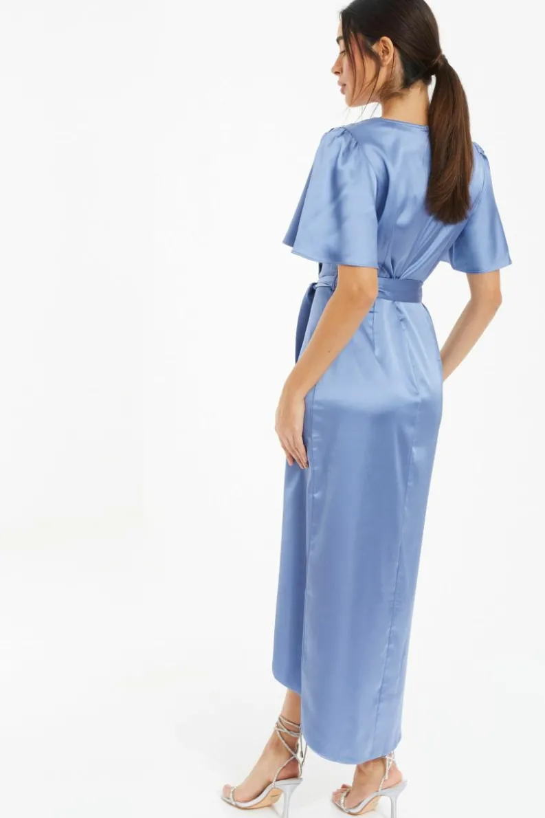 Wrap Dresses|Midi Dresses*Quiz Satin Wrap Ruched Midi Dress Blue