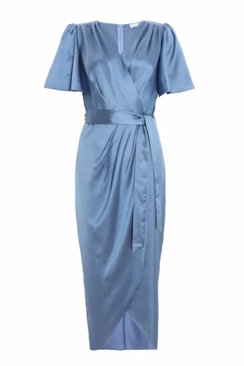 Wrap Dresses|Midi Dresses*Quiz Satin Wrap Ruched Midi Dress Blue