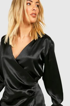 Shirt Dresses|Wrap Dresses*boohoo Satin Wrap Shirt Dress black