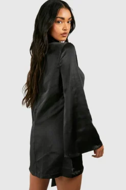 Shirt Dresses|Wrap Dresses*boohoo Satin Wrap Shirt Dress black