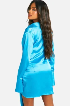 Shirt Dresses|Wrap Dresses*boohoo Satin Wrap Skirt Shirt Dress turquoise