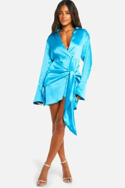 Shirt Dresses|Wrap Dresses*boohoo Satin Wrap Skirt Shirt Dress turquoise