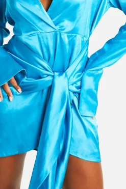 Shirt Dresses|Wrap Dresses*boohoo Satin Wrap Skirt Shirt Dress turquoise