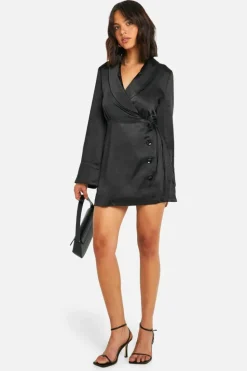 Wrap Dresses|Mini Dresses*boohoo Satin Wrap Tie Mini Dress black