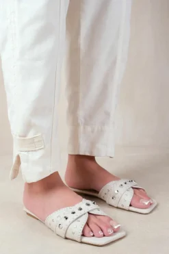 Sandals*Where's That From Saturn' Double Cross Over Strap Flat Sandals With Stud Details Nude