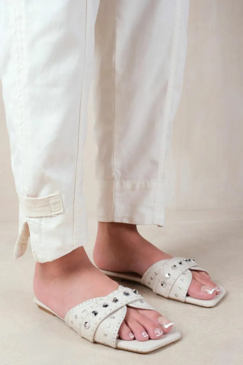 Sandals*Where's That From Saturn' Double Cross Over Strap Flat Sandals With Stud Details Nude