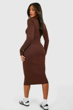Midi Dresses*boohoo Scoop Neck Long Sleeve Rib Midi Dress chocolate