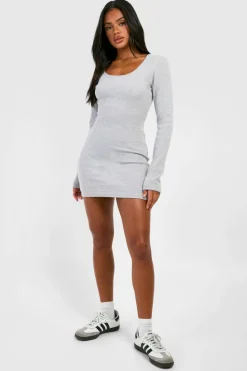 Bodycon Dresses*boohoo Scoop Neck Long Sleeve Rib Mini Dress grey marl