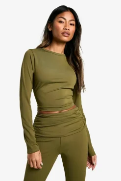 Long Sleeve Tops*boohoo Sculpting Slinky Crew Neck Long Sleeve Top khaki