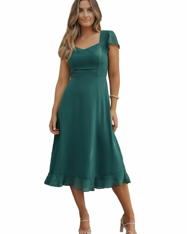 Midi Dresses*Azura Exchange Sea Green Shirred Open Back Sweetheart Neck Ruffled Midi Dress Multi