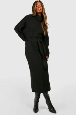 Jumper Dresses|Jumper Dresses*boohoo Seam Detail Belted Roll Neck Soft Knit Midaxi Jumper Dress black