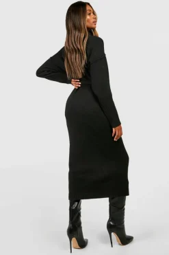 Jumper Dresses|Jumper Dresses*boohoo Seam Detail Belted Roll Neck Soft Knit Midaxi Jumper Dress black