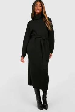 Jumper Dresses|Jumper Dresses*boohoo Seam Detail Belted Roll Neck Soft Knit Midaxi Jumper Dress black