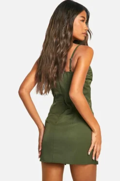 Skater Dresses*boohoo Seam Detail Pleated Skirt Mini Dress khaki