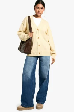 Cardigans|Jumpers & Cardigans*boohoo Seam Detail Soft Knit Boyfriend Oversized Cardigan stone