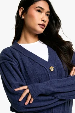 Cardigans|Knitwear*boohoo Seam Detail Soft Rib Knit Boyfriend Cardigan navy