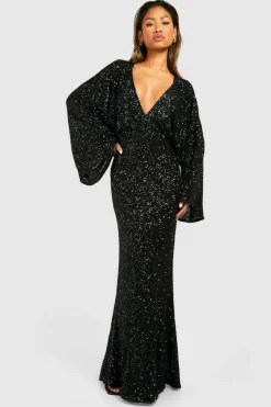 Maxi Dresses*boohoo Sequin Angel Sleeve Maxi Dress black