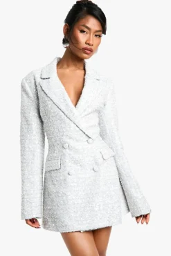 Blazer Dresses|Mini Dresses*boohoo Sequin Boucle Cinched Blazer Dress grey