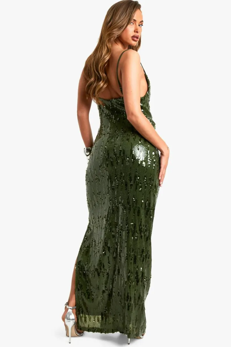 Maxi Dresses|Dresses*boohoo Sequin Cowl Neck Maxi Slip Dress olive
