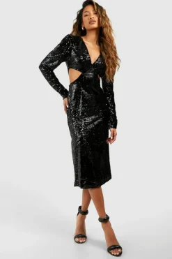 Midi Dresses*boohoo Sequin Cut Out Puff Sleeve Midi Dress black