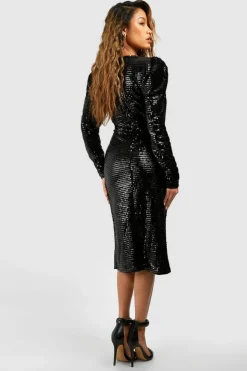Midi Dresses*boohoo Sequin Cut Out Puff Sleeve Midi Dress black