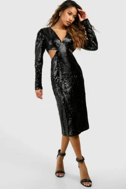 Midi Dresses*boohoo Sequin Cut Out Puff Sleeve Midi Dress black