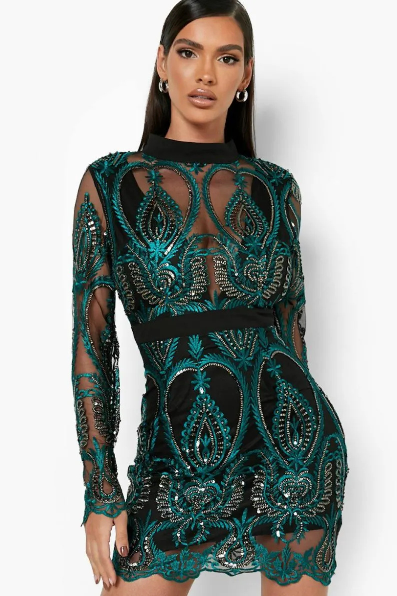 Bodycon Dresses|Mini Dresses*boohoo Sequin Damask Mini Dress green