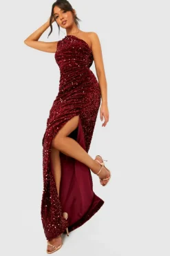 Maxi Dresses|Long Sleeve Dresses*boohoo Sequin Drape One Shoulder Maxi Party Dress wine