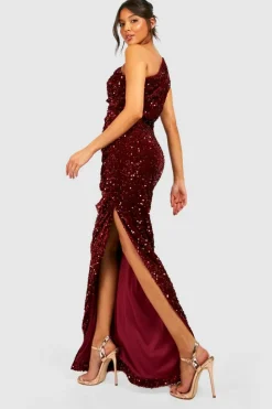 Maxi Dresses|Long Sleeve Dresses*boohoo Sequin Drape One Shoulder Maxi Party Dress wine