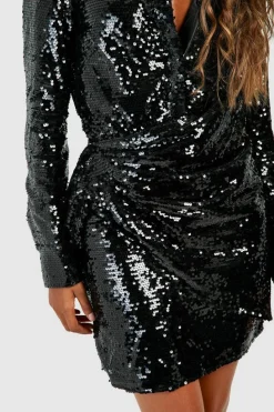 Shirt Dresses*boohoo Sequin Drape Shirt Party Dress black