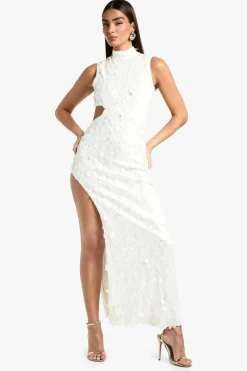 Maxi Dresses*boohoo Sequin High Neck Cut Out Split Leg Maxi Dress white