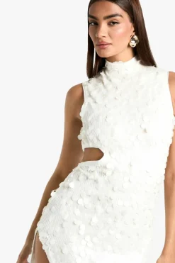 Maxi Dresses*boohoo Sequin High Neck Cut Out Split Leg Maxi Dress white