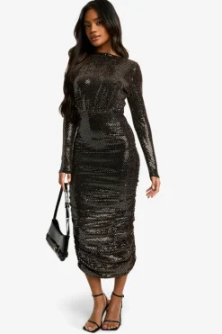 Bodycon Dresses|Midi Dresses*boohoo Sequin High Neck Rouched Midi Dress gold