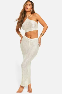 Knitted Co-Ords|Knitwear*boohoo Sequin Knit Top & Maxi Skirt Beach Co-ord ecru
