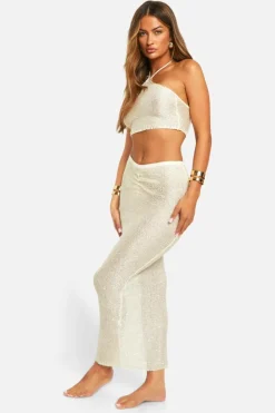 Knitted Co-Ords|Knitwear*boohoo Sequin Knit Top & Maxi Skirt Beach Co-ord ecru