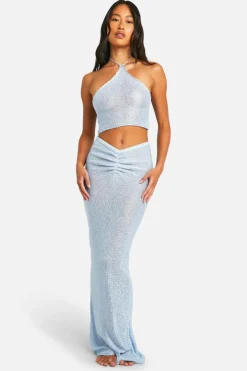 Knitted Co-Ords|Beachwear*boohoo Sequin Knit Top & Maxi Skirt Beach Co-ord baby blue
