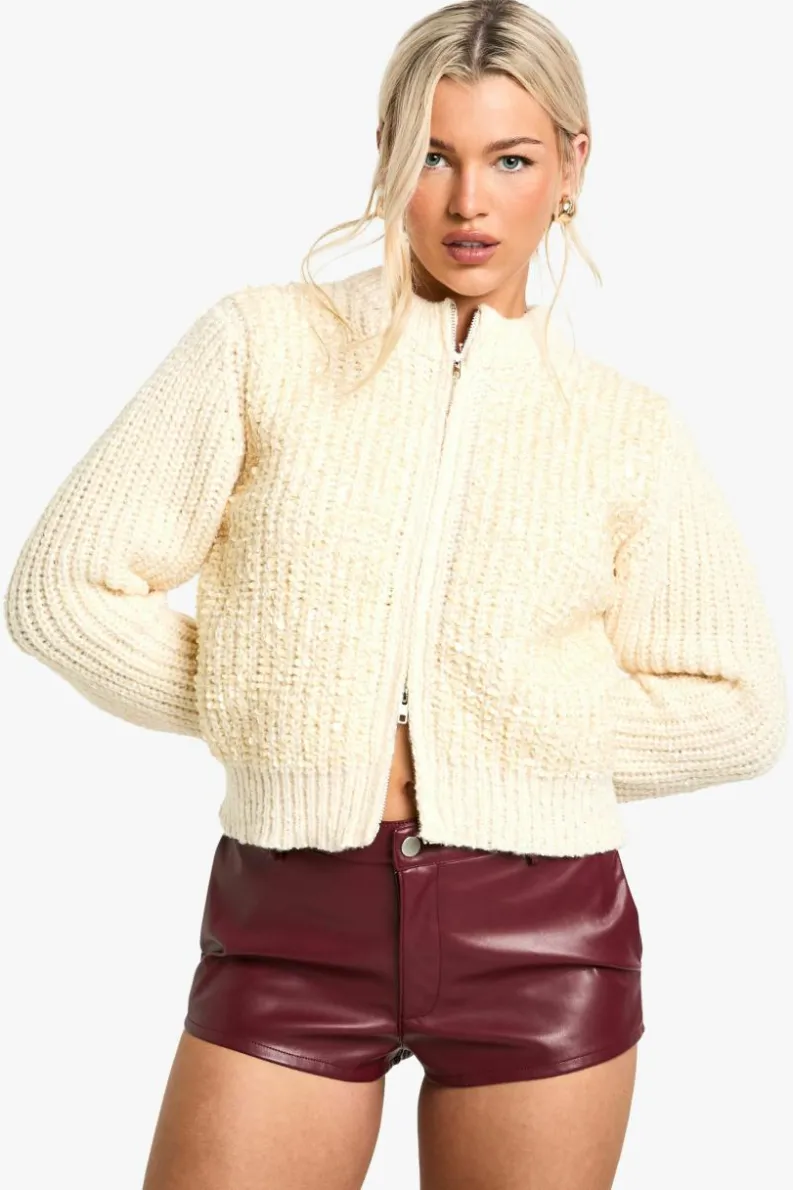 Cardigans|Knitwear*boohoo Sequin Knitted Zip Through Bomber Cardigan cream